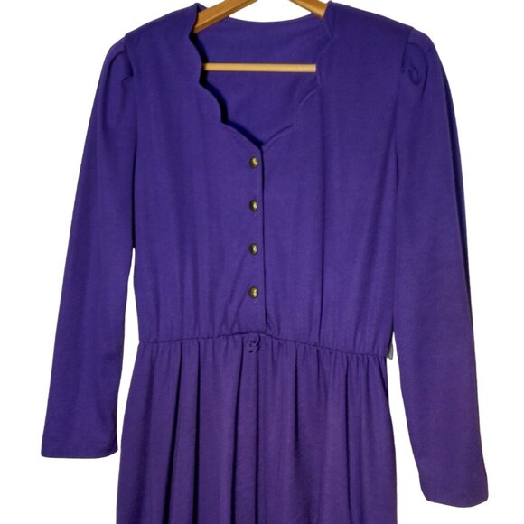 Vintage 80s Purple Dress Size 10 Button Scalloped V Neck Long Sleeve Modest READ - Picture 6 of 16